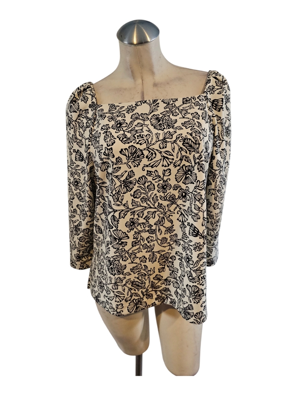 Melloday Size L Floral Square Neck Long Sleeve Top - Cream & Black